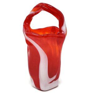 Vintage Red and White Hand Blown Art Glass Basket Vase 7" Tall